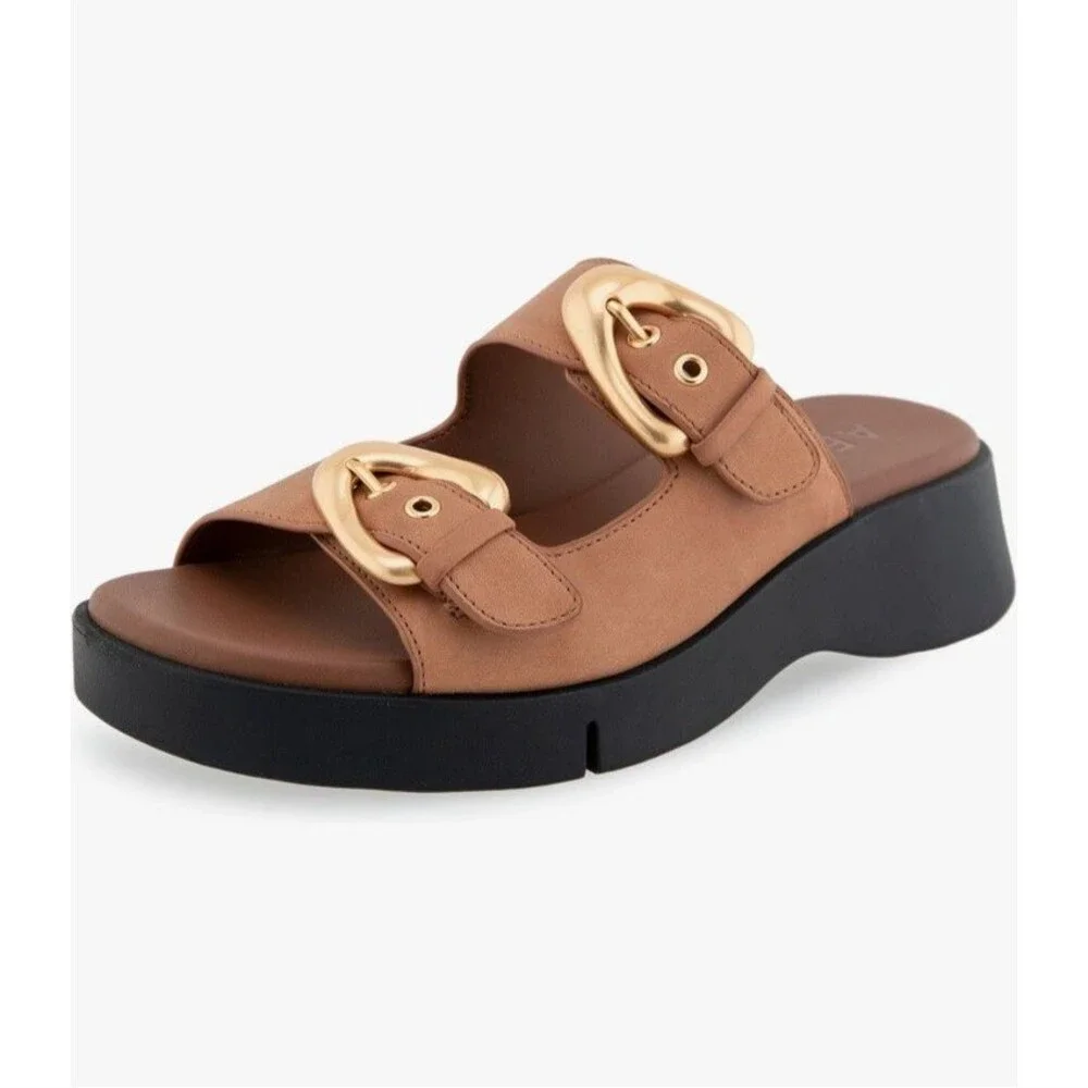 Aerosoles - Women’s Faith Slide Sandals Tan Leather Chunky Platform Comfort
